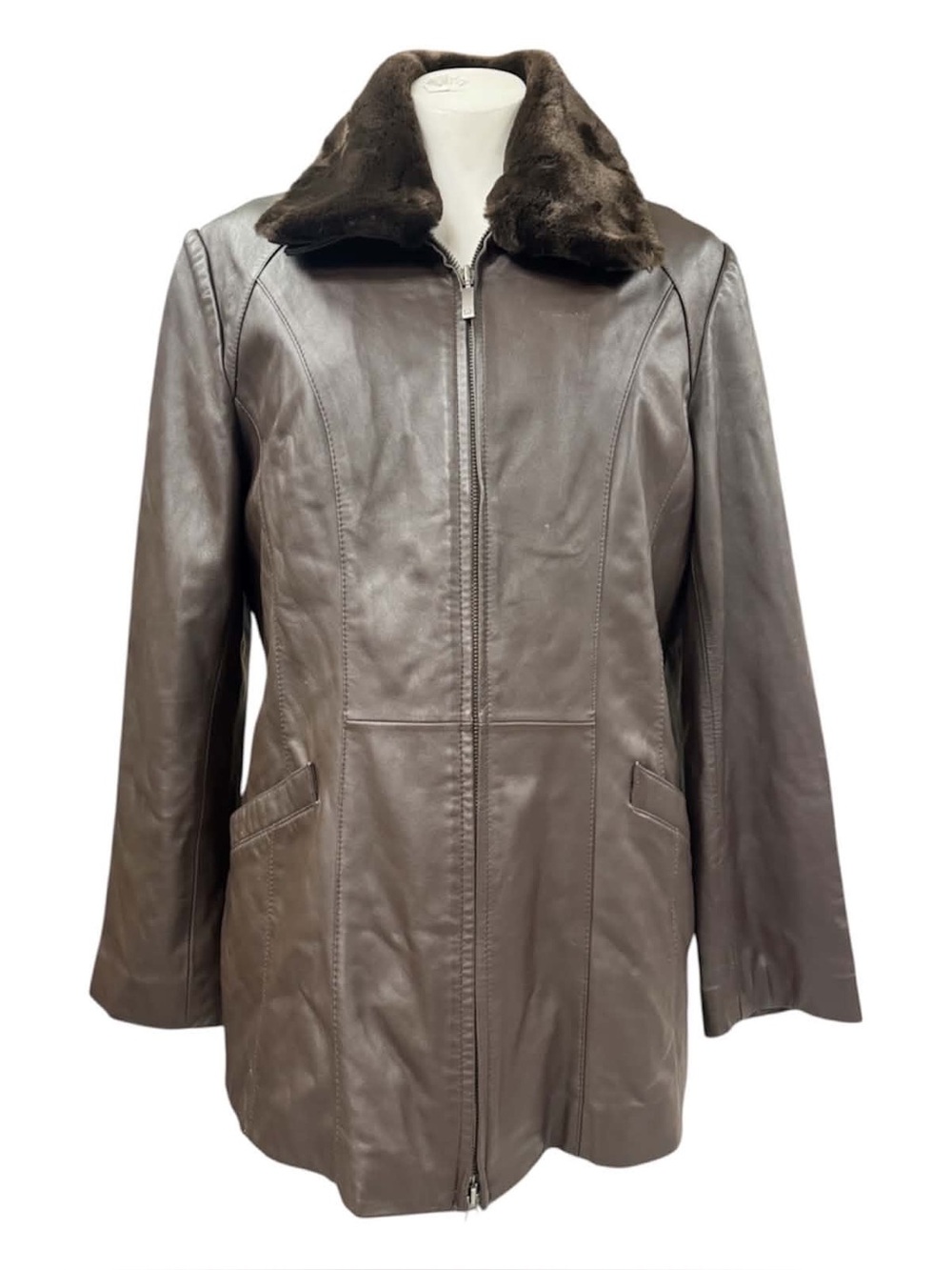 Danier Dark Brown Leather Jacket with Fur Collar Size M